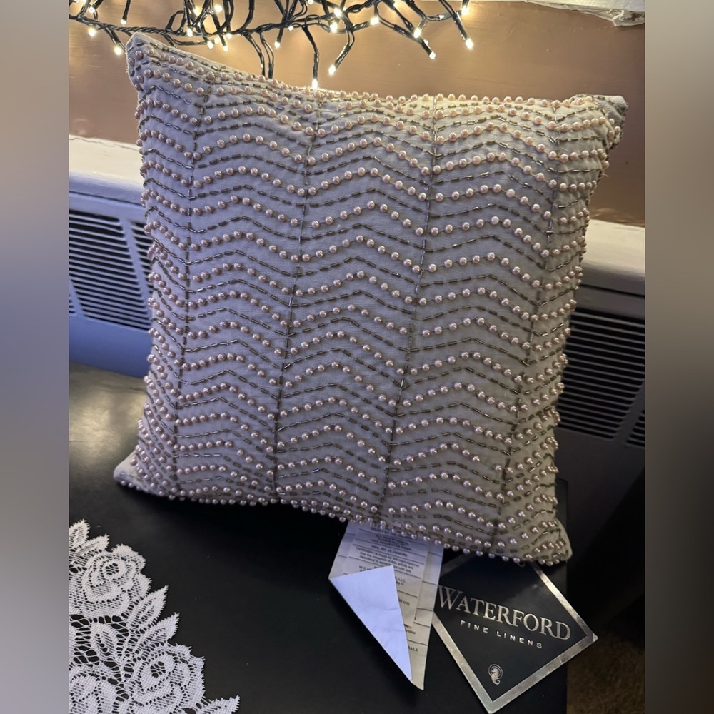 Pillow Waterford Decorative Faux Pearl Beads Chevron Accent Pillow Gray 14x14